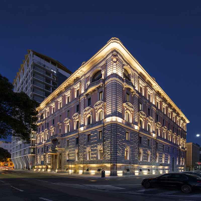 Exterior view of Hotel lit up at night