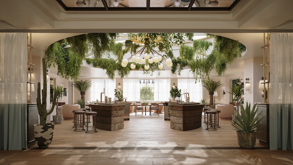 Hotel members club with plants hanging from the ceiling