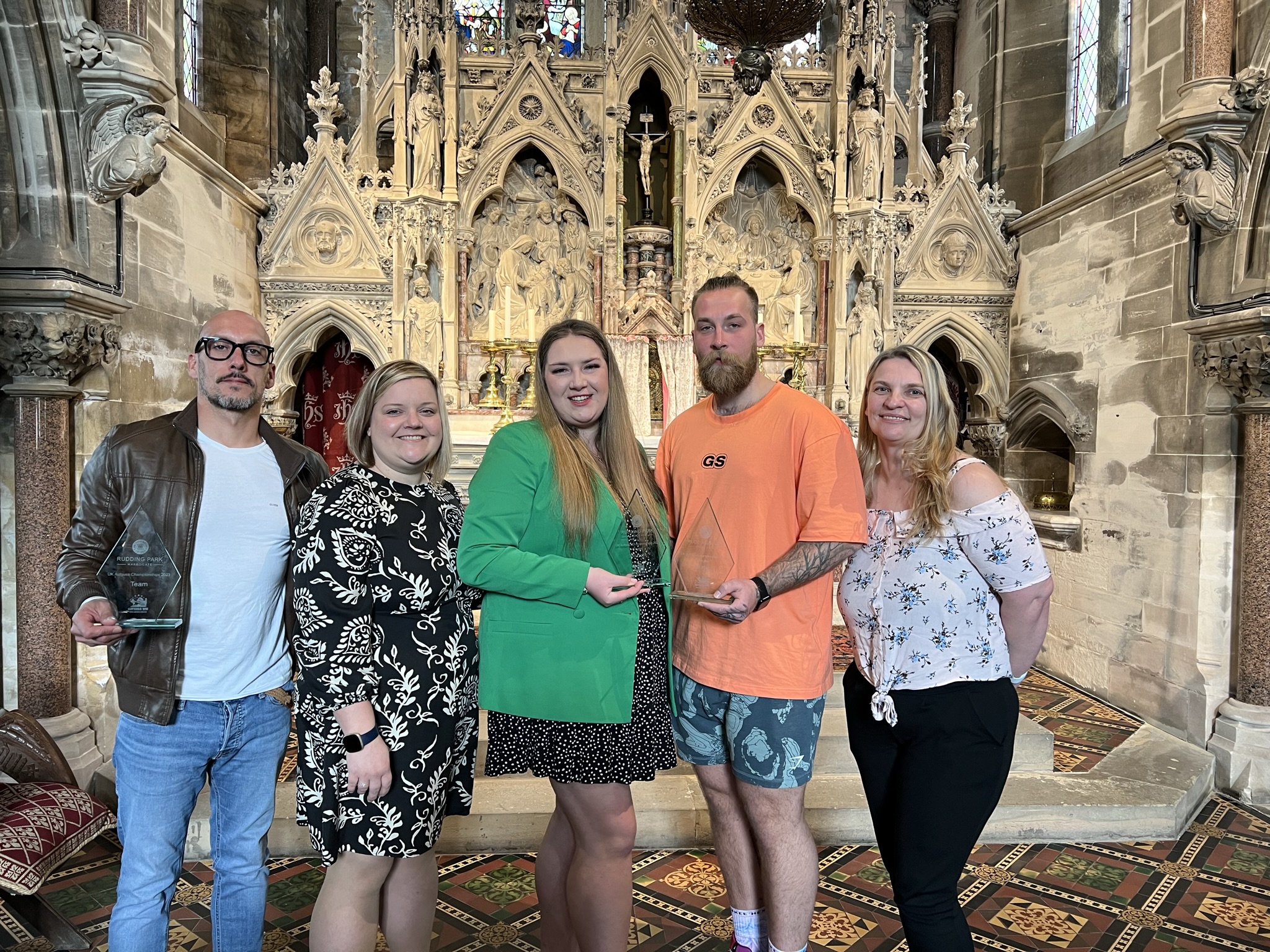 two men and three women are finalists of the first ever UK aufguss competition in a chapel