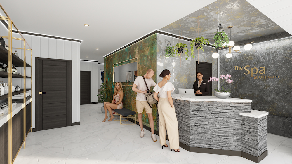 A spa reception area in grey tones